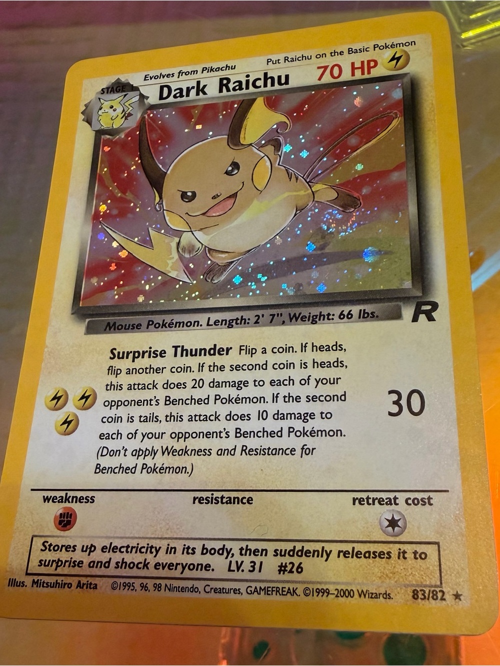 Dark Raichu Card - Yellow Holographic